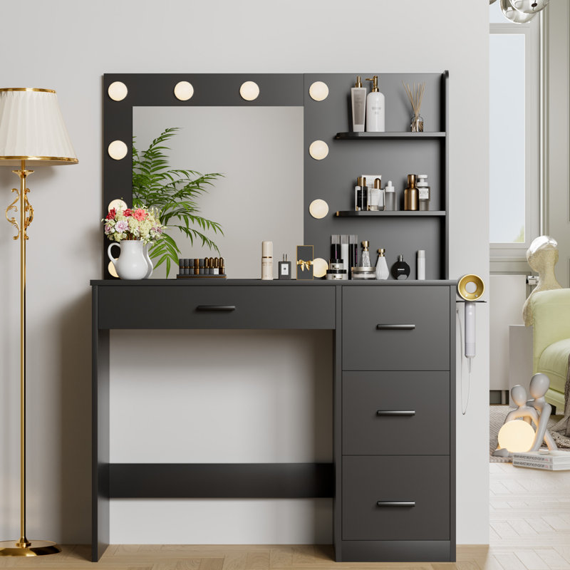 Makeup Vanity Desk with Power Outlet & Hair Dryer Holder, Black