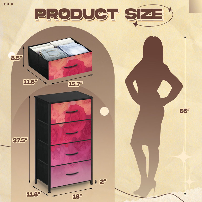 Commode pour la chambre à coucher avec 4 tiroirs de rangement Doux roses rouges et roses Blooming Gradient Commode Commode en tissu avec cadre en acier pour vestibule