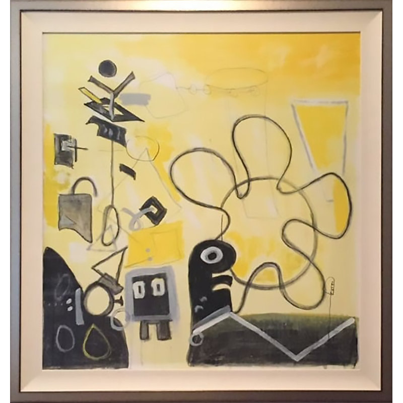 «One-of-a-Kind» Original Joyce Creiger Lock Her Up - peinture encadrée sur papier, Or, noir, gris
