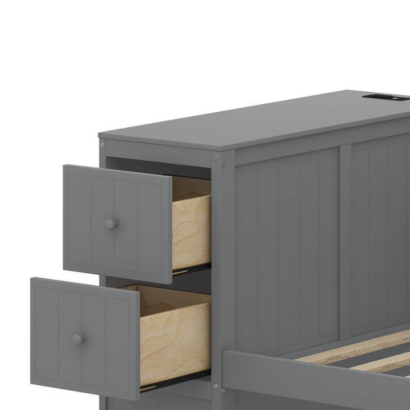 Twin Size Daybed With Trundle, Storage Arms And Charging Station, Gray