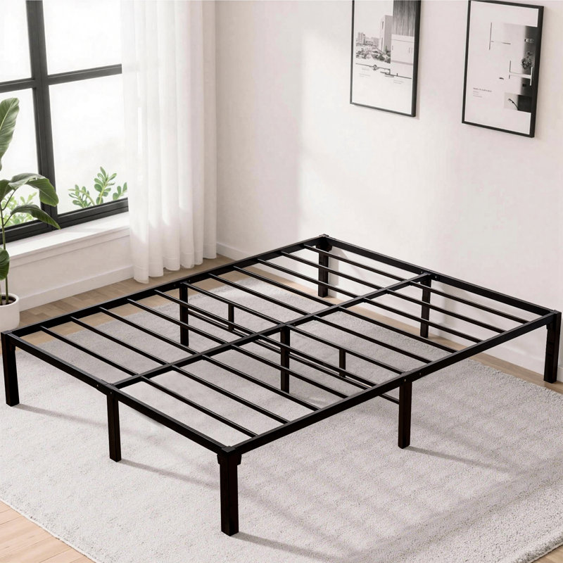 14" No-Screw Metal Full Size Bed Frame Quick Snap Assembly Platform Underbed Storage No Box Spring Needed, Full