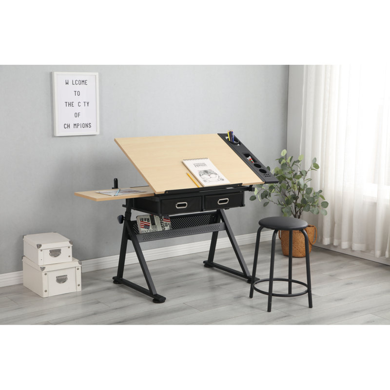 Adjustable Drawing Drafting Table Desk With 2 Drawers For Home Office And School With Stool(Wood)