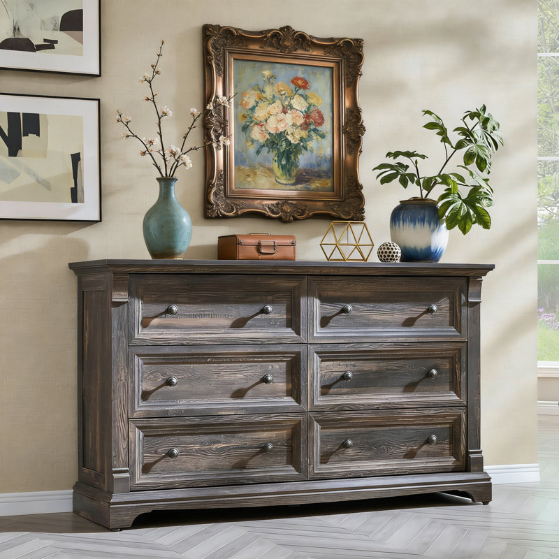 Roman Column 6-drawer Dresser - 54" Wide & Tv Stand Ready, Dark Rustic Oak