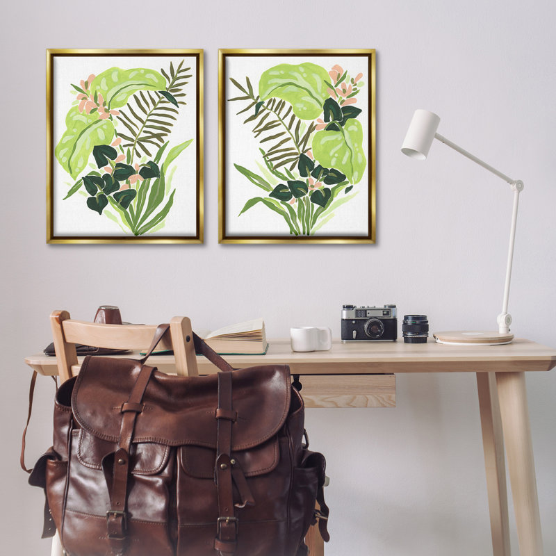"Fleurs tropicales abstraites" par June Erica Vess, 2 pièces sur toile, Cadre flottant métallique doré, H 31 po x l 25 po