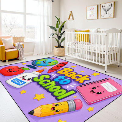 Tapis d'apprentissage lavable 240 x 300 cm pour enfants, idéal pour la classe. Motif joyeux crayons, crayons de couleur, livre et globe terrestre pour la rentrée scolaire. Tapis d'apprentissage pour la maternelle et la crèche. Dos en caoutchouc souple antidérapant.
