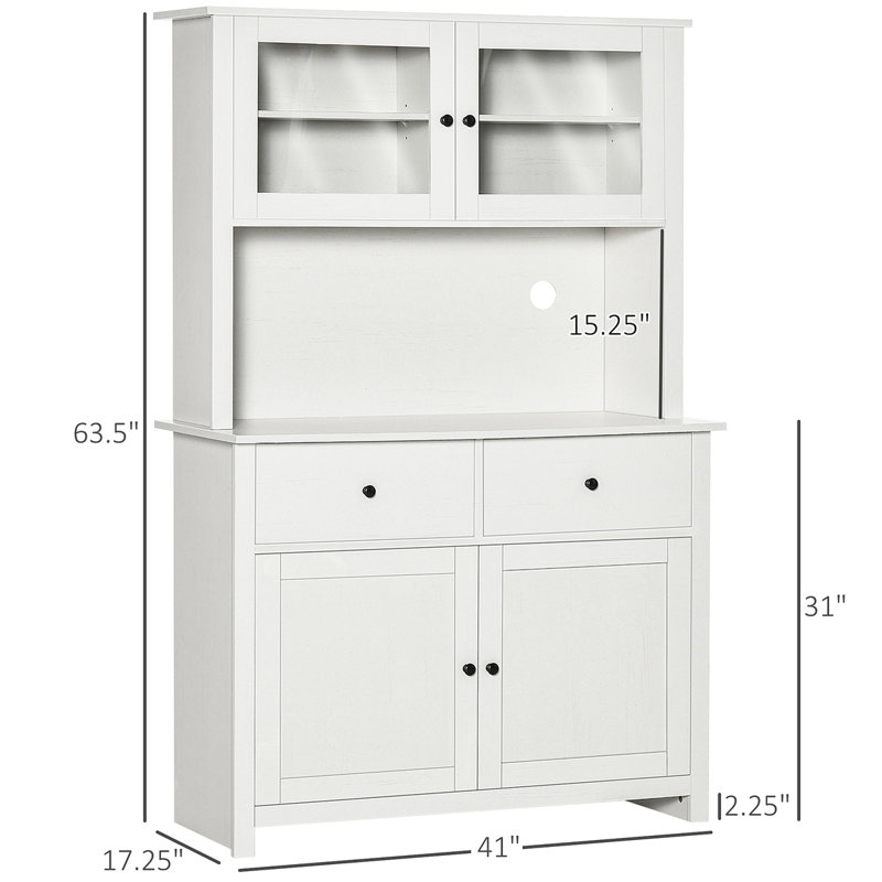 Buffet de cuisine 63,5 po avec huche, armoire de rangement garde-manger avec 4 tablettes, tiroirs, portes en verre encadrées, blanc antique HOMcom