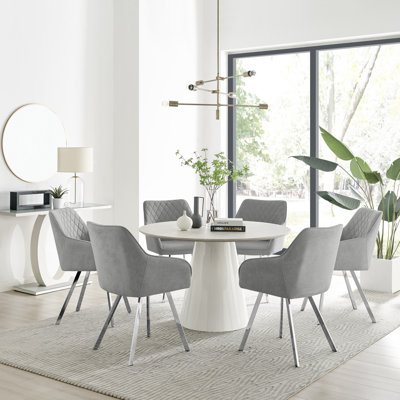 Statement 6 Person Round Dining Table Set in Luxury Beige Stone Effect - Velvet Dining Chairs