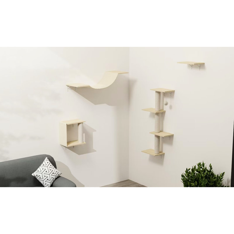 Cadre d'escalade mural moderne pour chat avec pont, marches et arbre, 4 pi, Modern, Beige