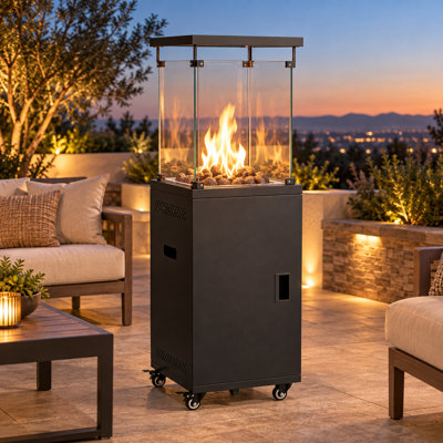 BTEXPERT 50,000 BTU Glass Propane Standing Patio Heater with Wheels and Cover, Black