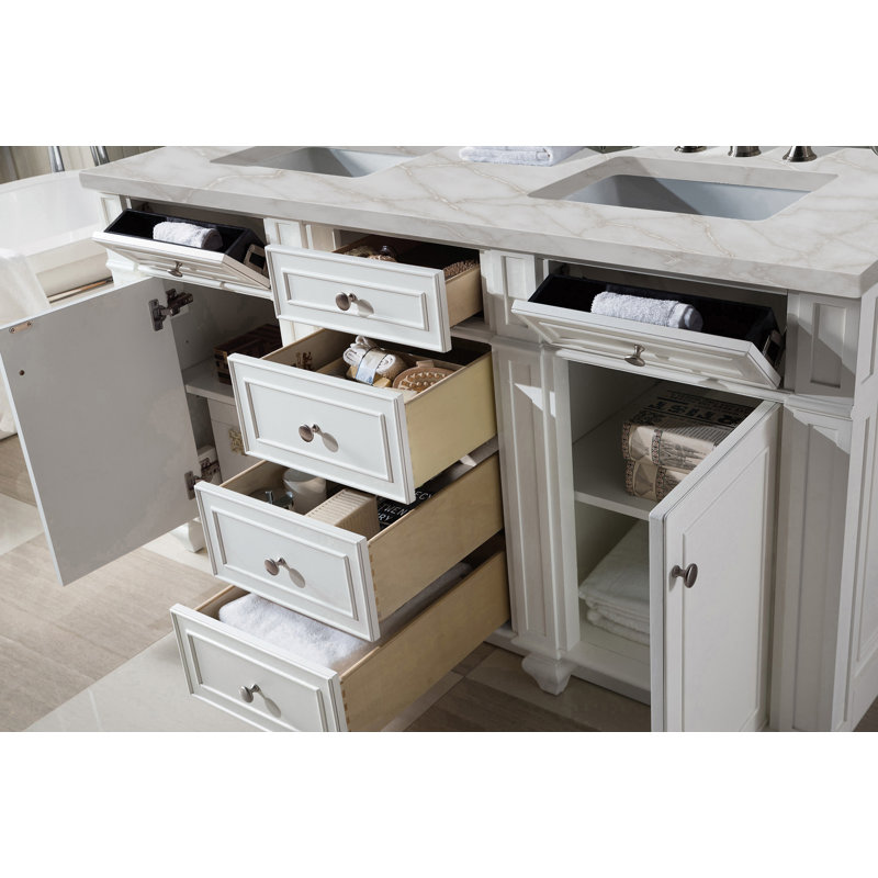 Meuble-lavabo double 60 po Bristol avec chargeur sans fil FreePower, Argent victorien, Blanc brillant