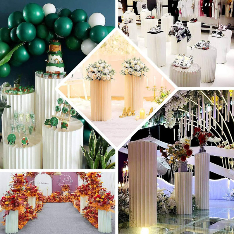40inch Ivory DIY Accordion Cylinder Cardboard Folding Pillar Pedestal Box, Display Column Stand With Round Top Plate