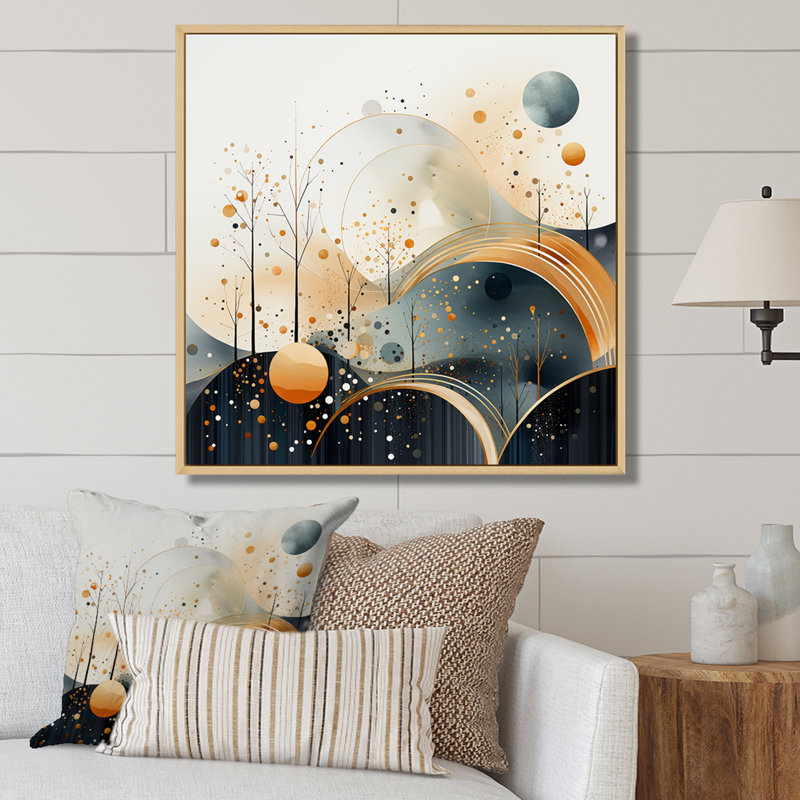 Jaune et noir paysage symphonie II - paysage abstrait, art mural, Cadre flottant brun, H 16 po x l 16 po x P 1 po