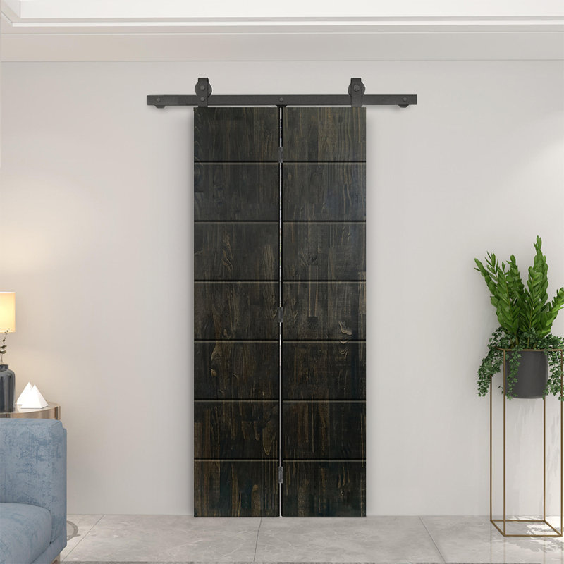 Pine Wood Bi-Fold Barn Door with Sliding Hardware Kit, Charcoal Black, 32" x 84"