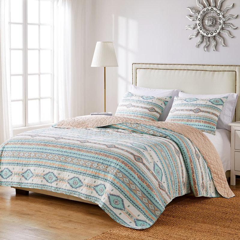 King Size Blue Southwestern Reversible Microfiber Quilt Set