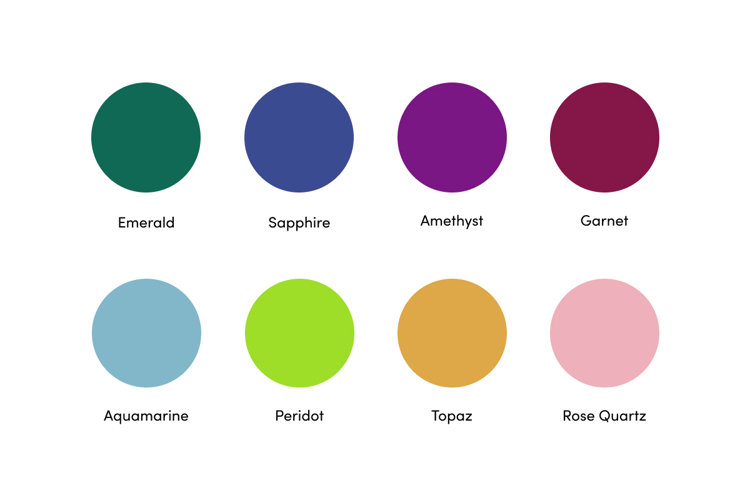 color palette of jewel tones: emerald, sapphire, amethyst, garnet, aquamarine, peridot, topaz, and rose quartz