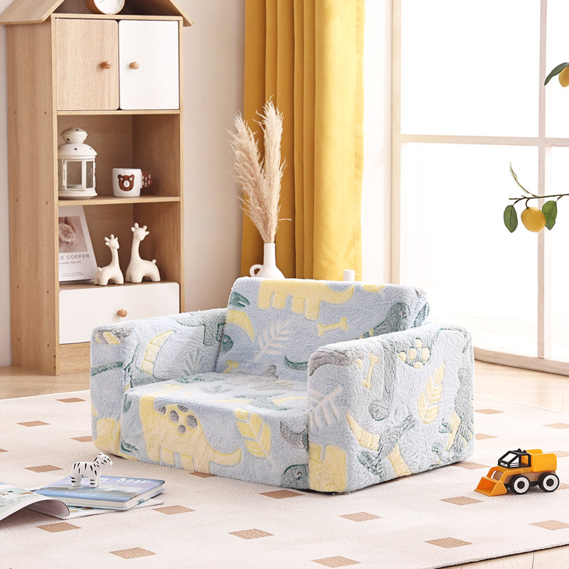 Kids Sofa, Extra Wide 2 In 1 Kids Fold Out Chair Convertible Sofa To Lounger, Green Dinosaur