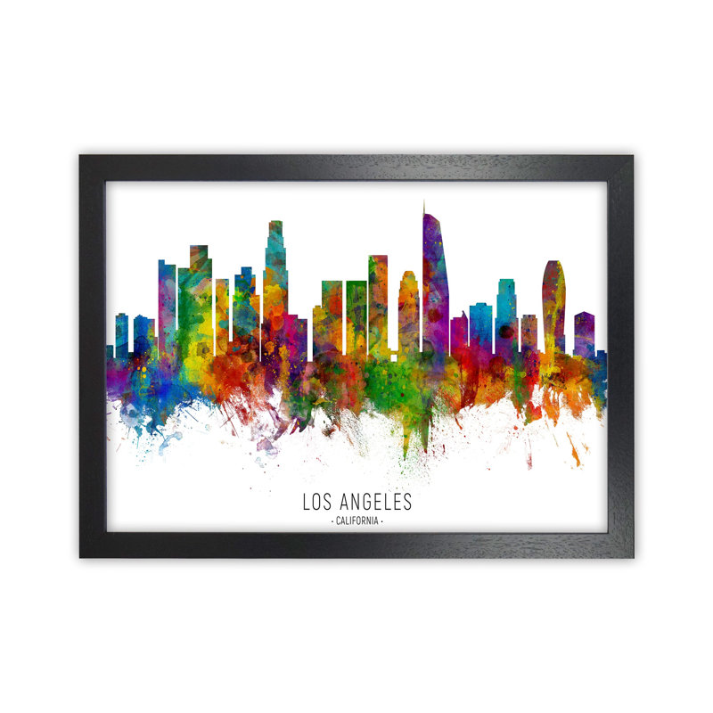 Los Angeles California Skyline Red City Name by Michael Tompsett - Print, 64cm H x 88cm W x 3cm D, Black Framed