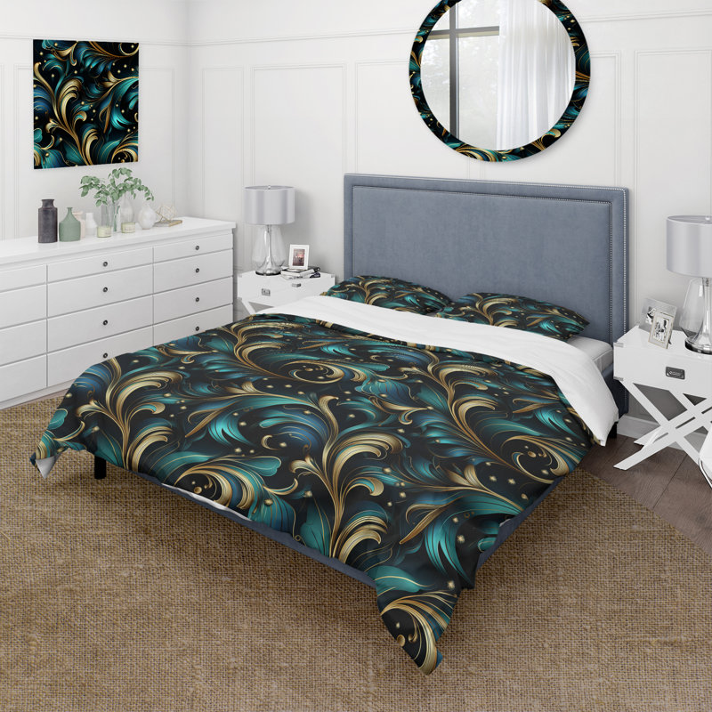 Gold And Blue Luxury Damask Serenade IV Floral Duvet Cover, Queen Duvet Cover + 2 Standard Shams