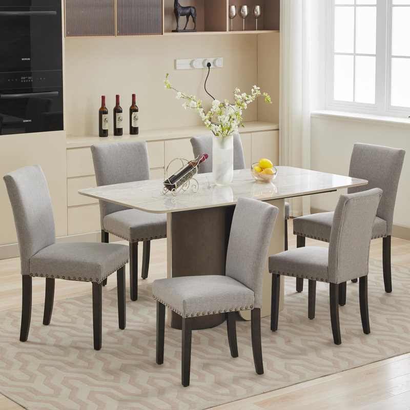 Set of 4 Modern Upholstered Dining Chairs - Parsons Style, Nailhead Trim, Sturdy Wood Legs, Padded Linen Seat,4PCS Linen | Grey