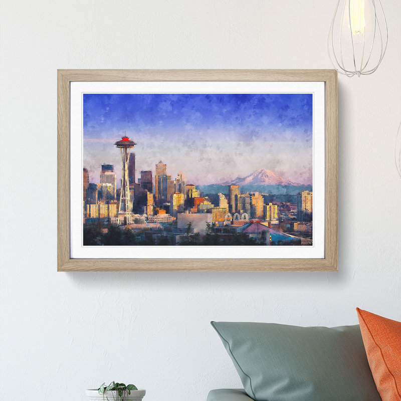 Seattle Skyline - Picture Frame Painting Print, 62cm H x 87cm W x 2cm D, Oak Framed