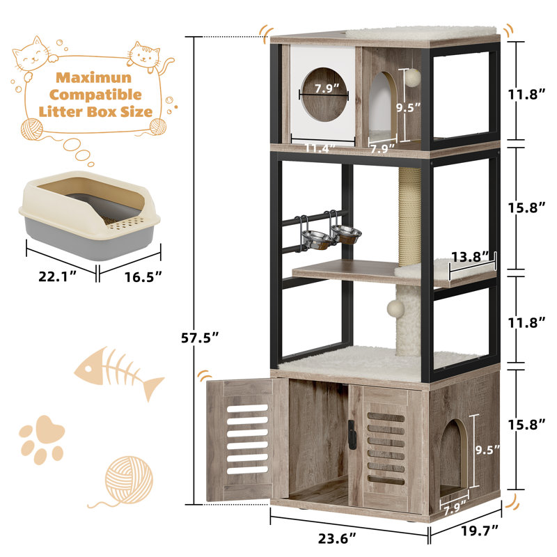 Habitation pour chat 58,27 po avec bac à litière et bols surélevés, Gris