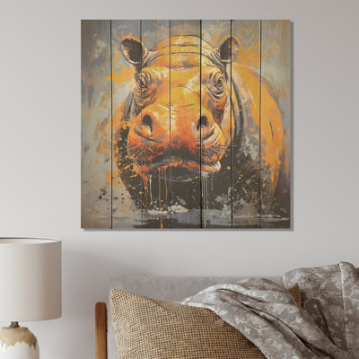 Yellow Colourful Hippo Harmony - Hippopotamus On Wood Print