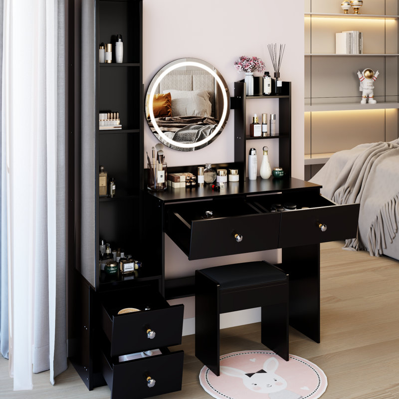 17" Diameter Led Vanity Table With 3 - Color Adjustable Brightness Touch Control Mirror, Full Body Mirror Cabinet And Cushioned Stool, American Design, Material, Black, 44.26 In Depth, 14.27 Width,