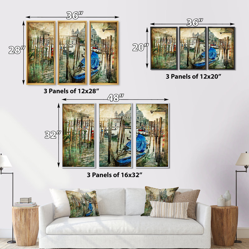 «Beautiful Venice», ensemble de 3 toiles encadrées, Noir, H 28 po x l 36 po x P 1 po