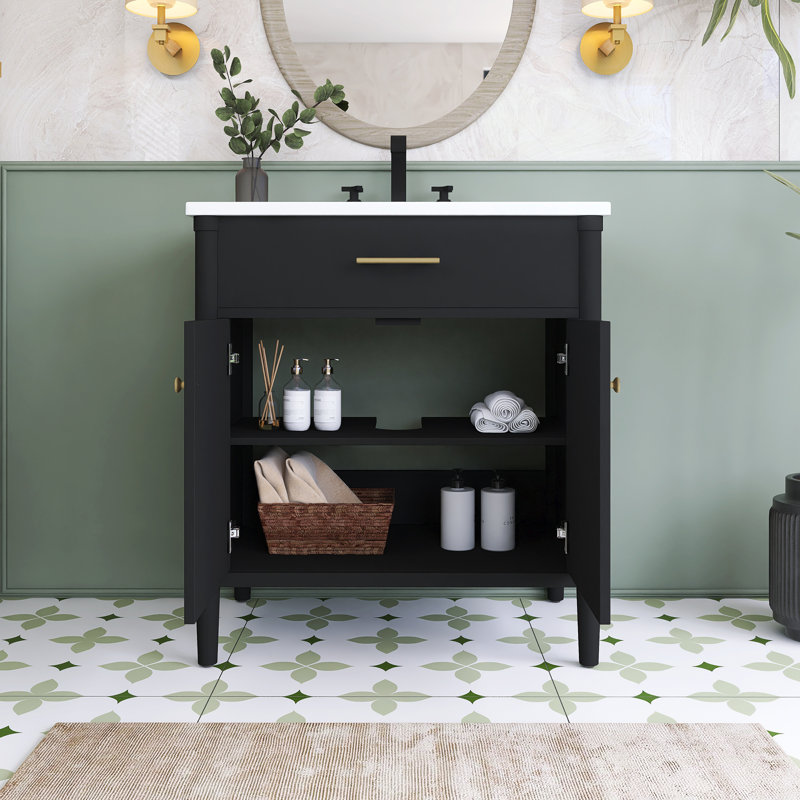 31'' Freestanding Single Sink Bathroom Vanity With Ceramic Top, Black / Matte Gold