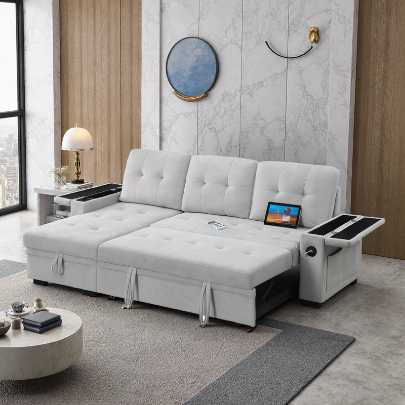 Canapé-lit modulaire gris en L avec méridienne réversible, Tissu gris