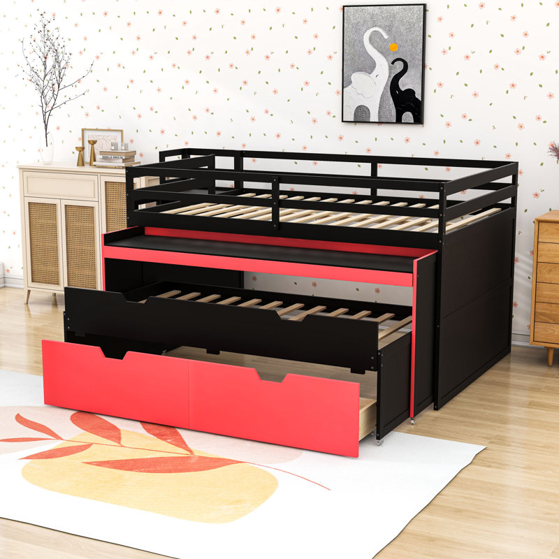 Lit mezzanine avec bureau intégré et gigogne gigogne, escalier de rangement et tiroirs, Double XL, Noir rouge