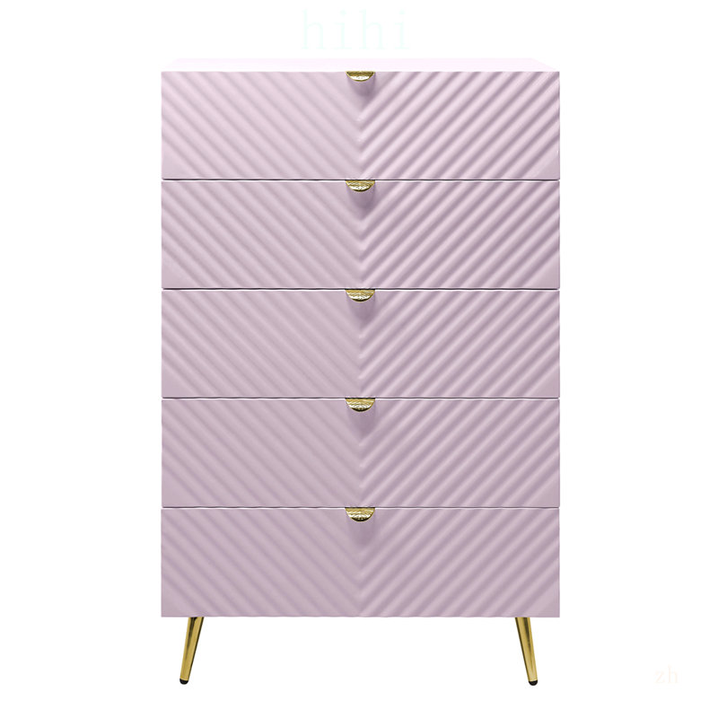 Commode à finition brillante rose Gaines avec 5 tiroirs spacieux et motif à vagues élégant pour les chambres à coucher modernes