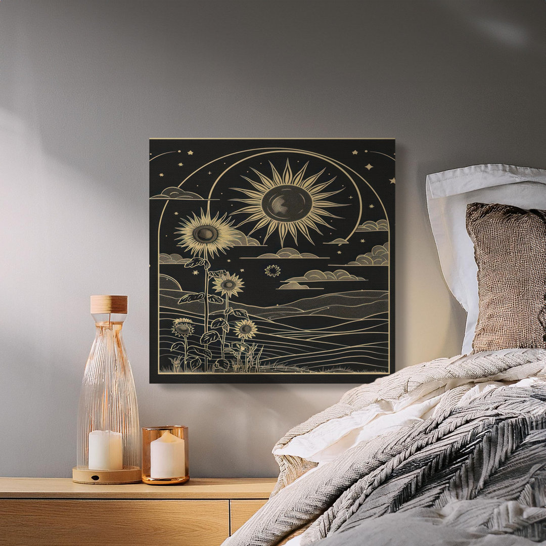 Faux Gold Celestial Sunflowers Canvas Wall Art, Boho Mystic Sun & Stars Landscape Print, Spiritual Nature Home Decor Gift