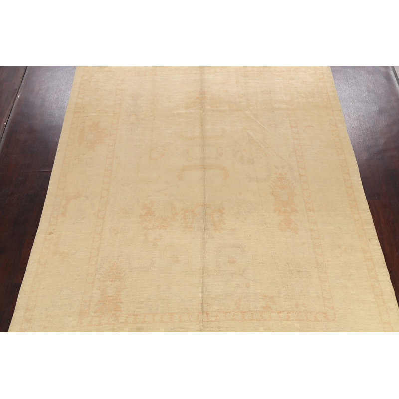 Tapis beige en laine noué à la main de conception unique 8 pi 6 po x 12 pi 3 po
