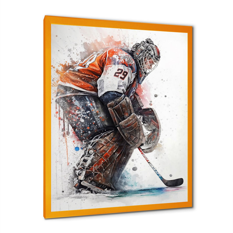 Gardien de but pendant le match de hockey IV - Impression sur toile, H 20 po x l 12 po x P 1 po, Encadrement doré