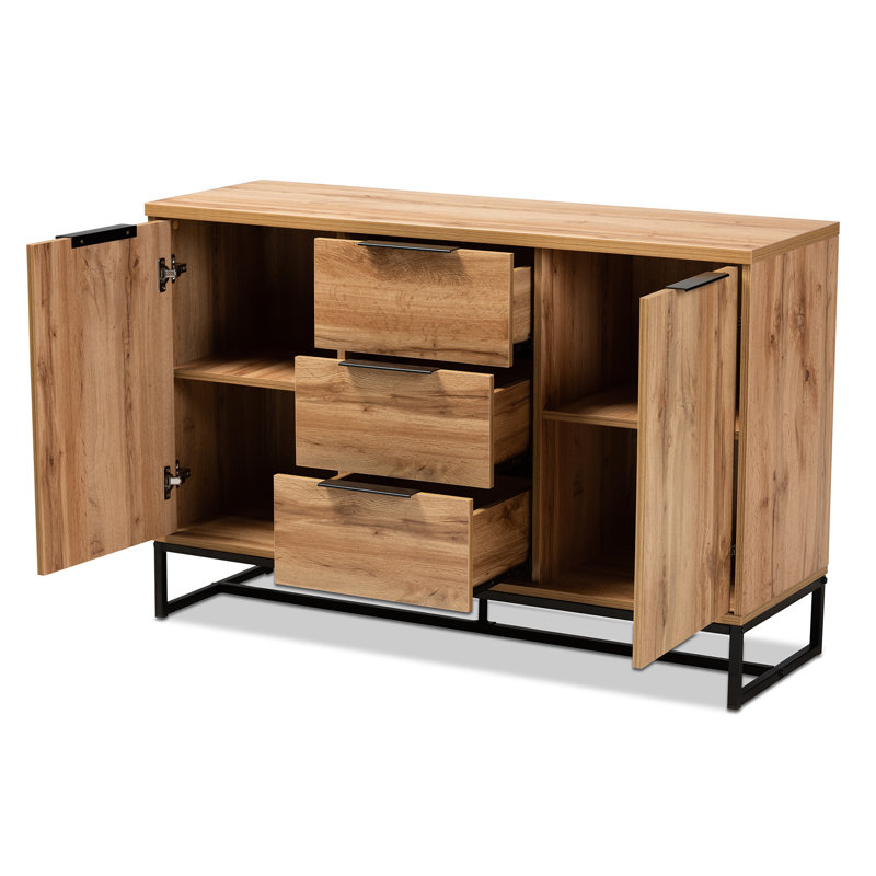 Reid Natural Oak and Black Metal Sideboard Buffet