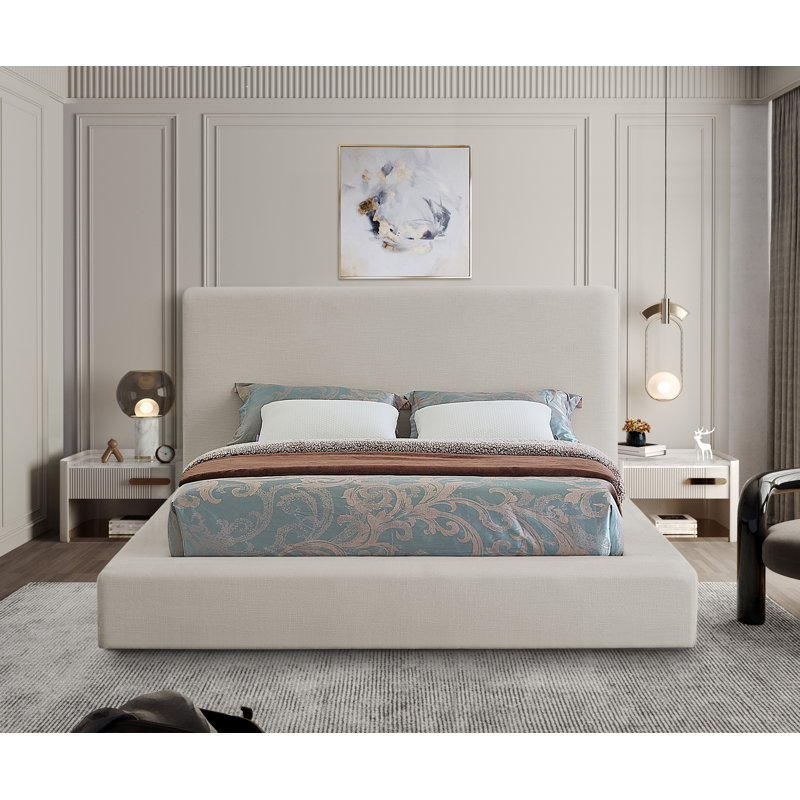 Ishia Upholstered Platform Bed, Beige Linen, King