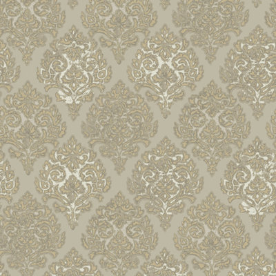 Aamari Collection Metallic Embossed Modern Damask 10.05m x 53cm Wallpaper Roll