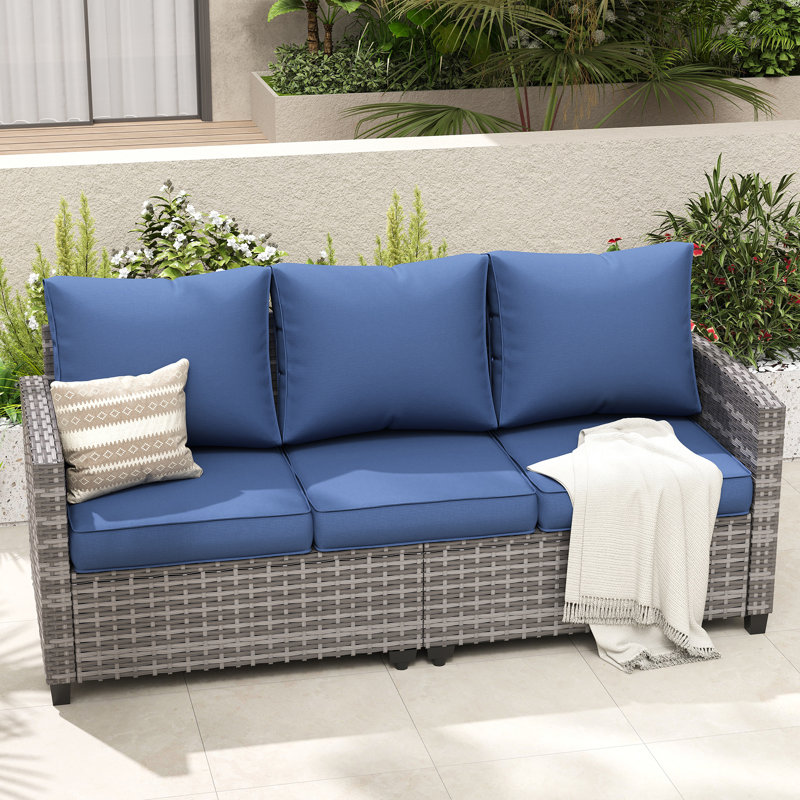Canapé de patio extérieur en osier toutes saisons de 79 po avec coussins Vancouver, Coussin bleu marine / structure grise