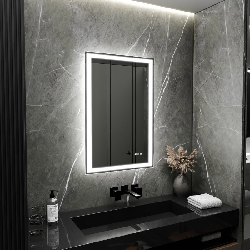 Miroir de salle de bain rectangulaire 24 po x H 32 po à DEL sans cadre, antibuée, à intensité variable, rétroéclairé et à façade