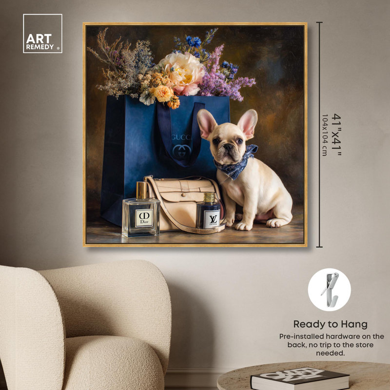Impression sur toile Frenchie, H 40 po x l 40 po, Cadre doré