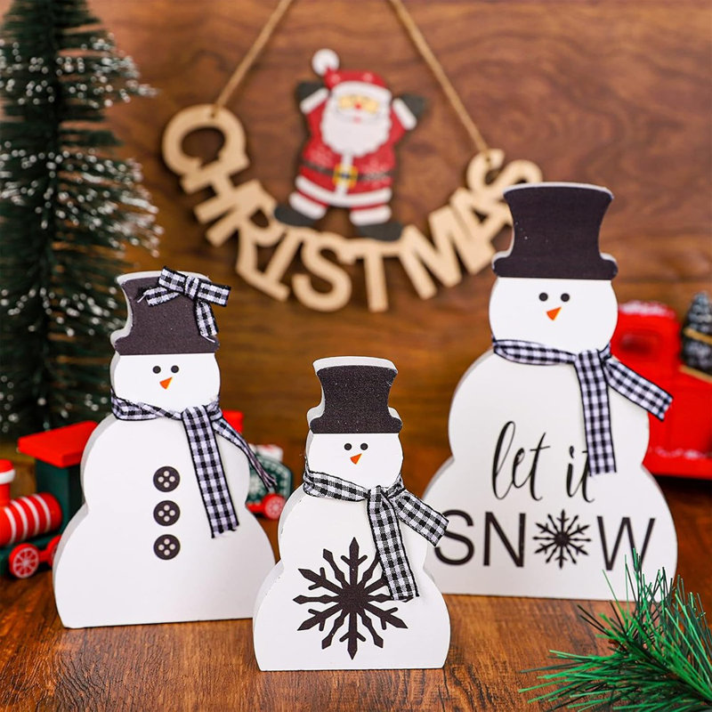 Décoration de table bonhomme de neige en bois - noir et blanc
