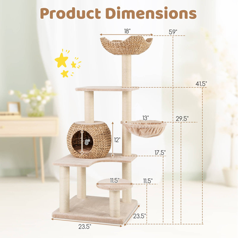 Corrigan Studio® 59" Cattail Cat Tower With Sisal Scratching Posts Perch Condo Soft Hammock Indoor