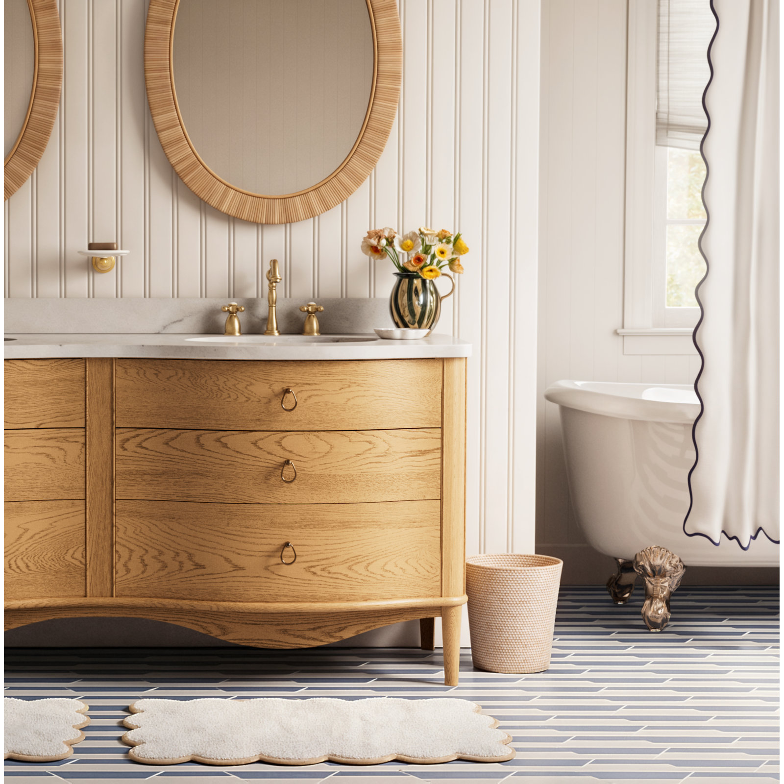 Charish Scalloped Tubmat, White/Gray
