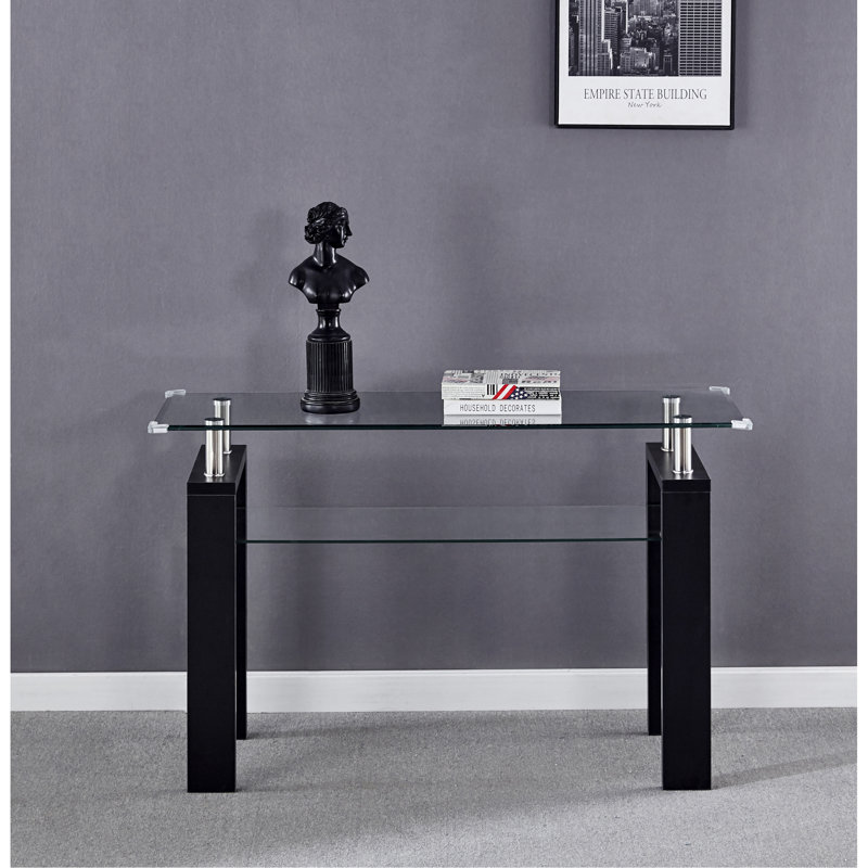 Console en panneau de fibres à densité moyenne noir, plateau en verre trempé, table de vestibule moderne