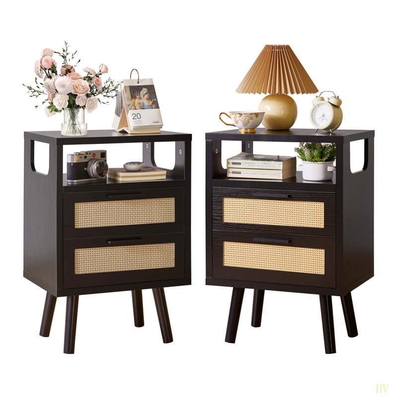 Ensemble de 2 tables de chevet avec rangement à 2 tiroirs, 15,4 po avec poignées en métal et table de bout en bois pour la chambre à coucher