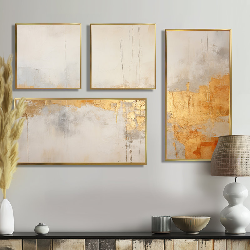 Beige doré minimalisme - impressions sur toile beiges 4 pièces, Impression encadrée sans passe-partout, Doré