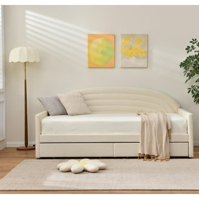 Lit de jour rembourré avec rangement à 2 tiroirs, structure de canapé-lit à usages multiples de taille simple, support à lattes en bois massif pour petite chambre à coucher