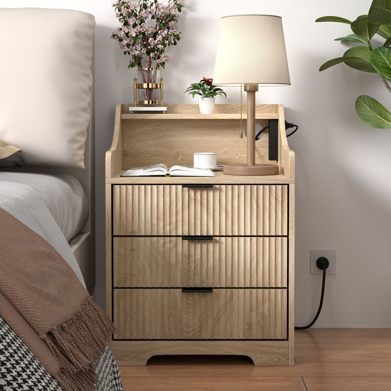 Light Brown 3-Drawer Nightstand with Charging Station