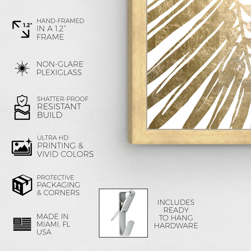 «Gold Tropical Leaves IV Gold Metallic», impression, Cadre doré, H 36 po x l 24 po x P 1,5 po